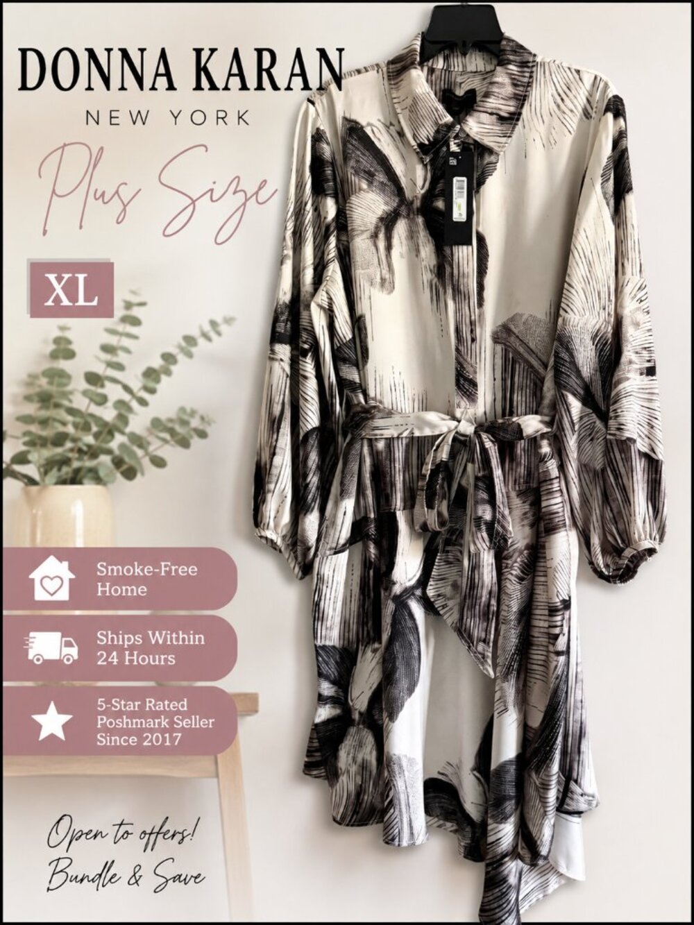 Donna Karan New York Plus Size 18W Abstract Print Midi Shirt Dress NWT